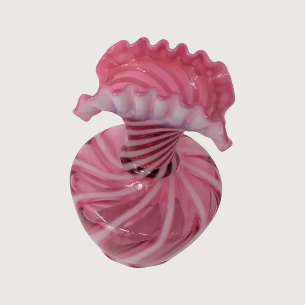 1940s Fenton Glass Pink Opalescent Spiral Swirl Double Crimped Fluted Fan Vase